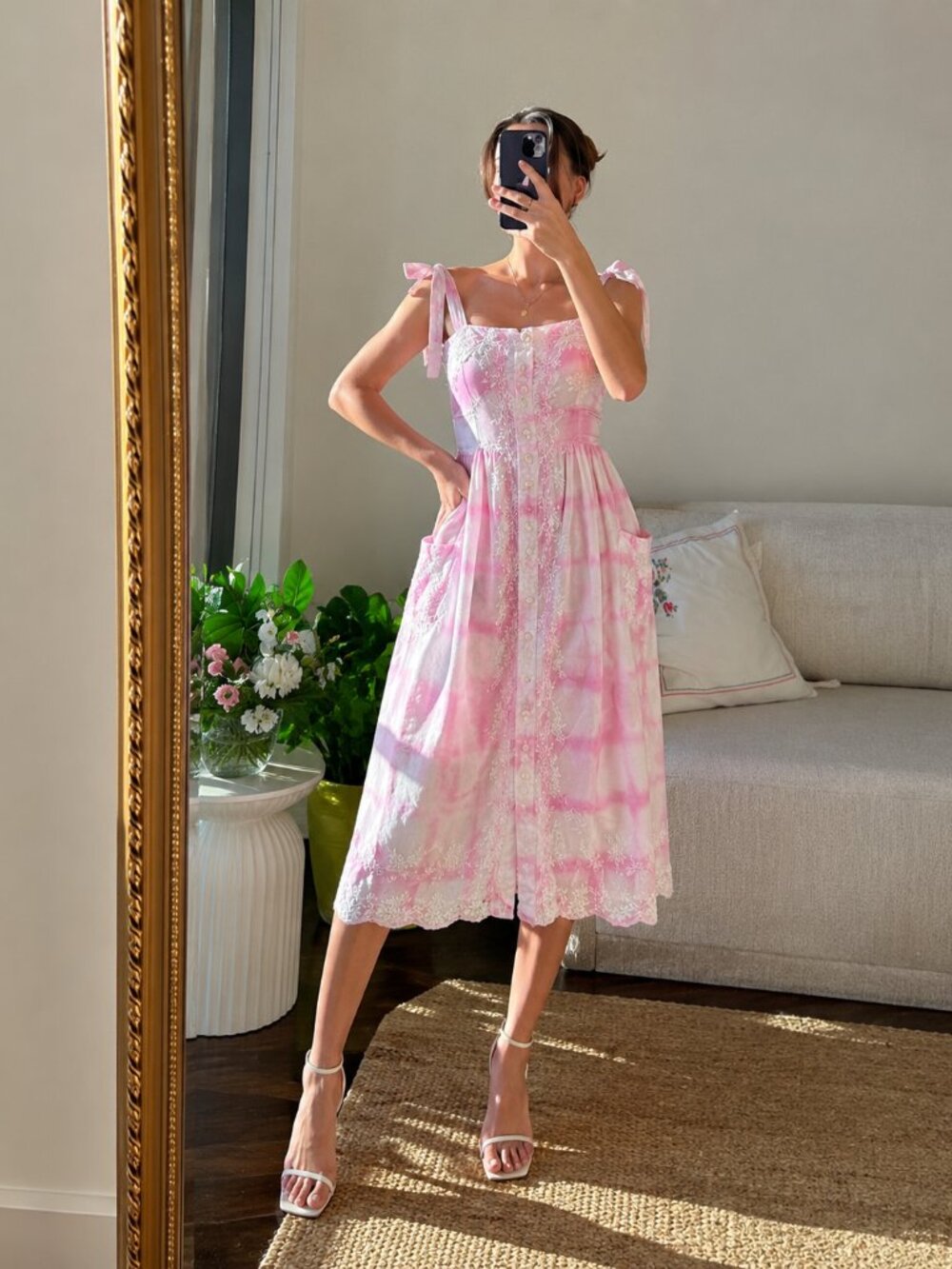 Juliet Dunn London Pink Tie-Dye Embroidered Cotton Sun Dress